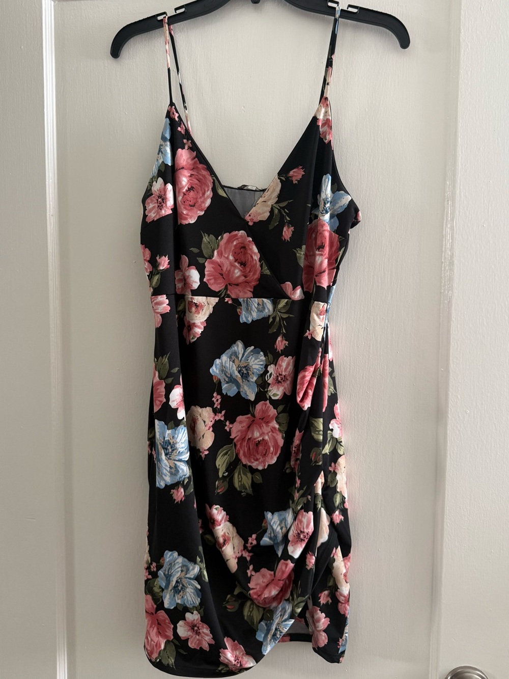 Charlotte Russe Black Floral Slip Mini Dress with Pink & Blue Blooms